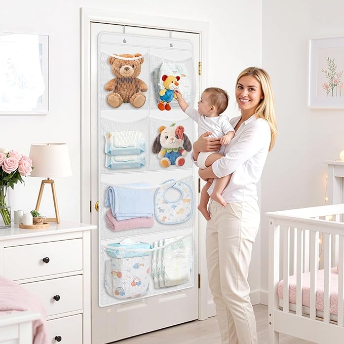 SpaceHacks Stuffed Animal Storage - Large Over the Door Organizer with 6 Expandable Mesh Pockets & Metal Hooks, Non-Woven Fabric Hanging Plush Items Holder for Nursery, Bedroom, Playroom (White)