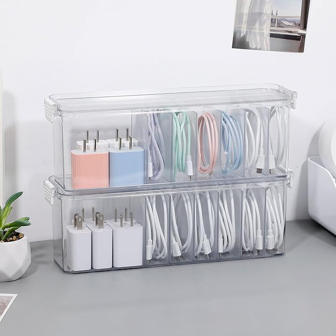 2 Pack Cord Organizer Box for Desk Drawer, Clear Phone Charger Cable Storage Container with Lid