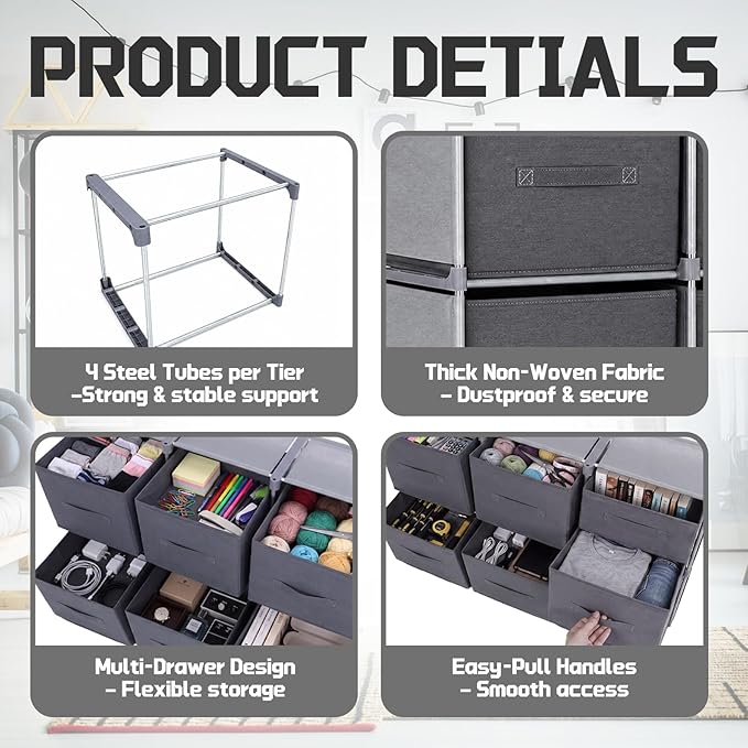 Geetery Under Dorm Bed Cube Organizer Shelf with 6 Cube Fabric Storage Organizer Bins with Handle Dorm Under Bed Closet Drawer for College Essentials Nursery Bedroom Living Room(Grey)