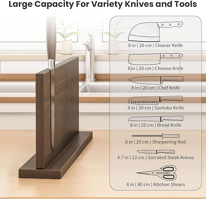 THMINS Magnetic Knife Block, 16 x 9 Inch Double-Sided Wooden Knife Holder for Kitchen Counter, Extra Large Magnetic Knife Holder and Storage Organizer
