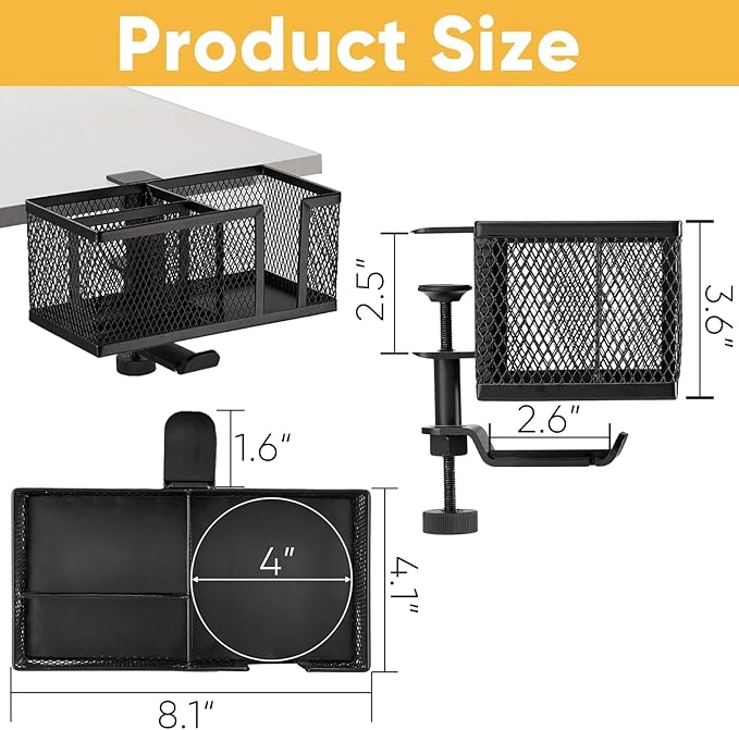 4 in 1 Metal Clip On Cup Holder Attachment for Gaming Desk or Table, Fits up to 40oz Cups, Sturdy and Easy to Clamp, Attachable Anti-Spill Cup Holder for Chair, Bedside, Bottles, Drinks - Black