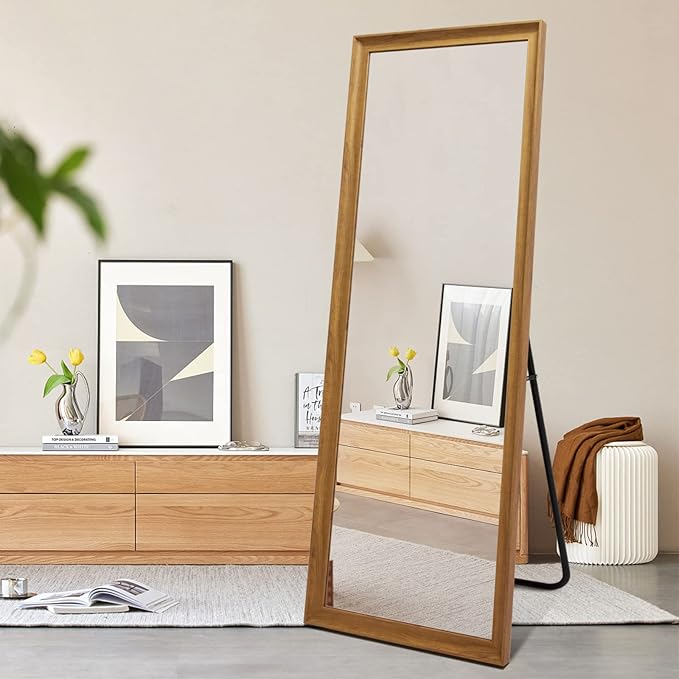 Full Length Mirror Wood Frame, 65x22in Floor Mirror Wall Full Body Mirror with Standing, Leaning Hanging for Bedroom,Living Room, Large Wooden Frame, Dark Wood
