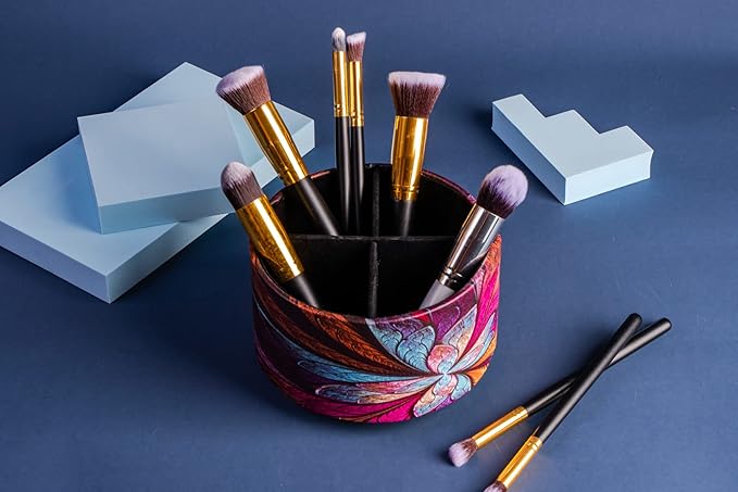 Round Leather Art Supply Organizer,Remote Control Holder,360 Degree Rotating,Multi-Functional Pencil Holder,4 Compartments Desktop Stationary Organizer(1-Fractal Flower) | Round