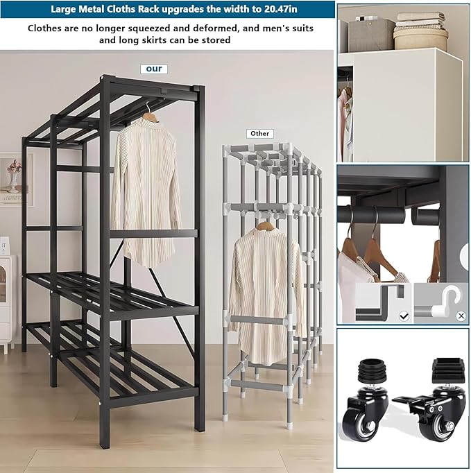 Heavy Duty Covered Clothes Rack with Magnetic Door Foldable Portable Wardrobe Closet for Hanging Clothing Rolling Black Metal Garment Rack on Wheels Closet System (White, 49.12in)