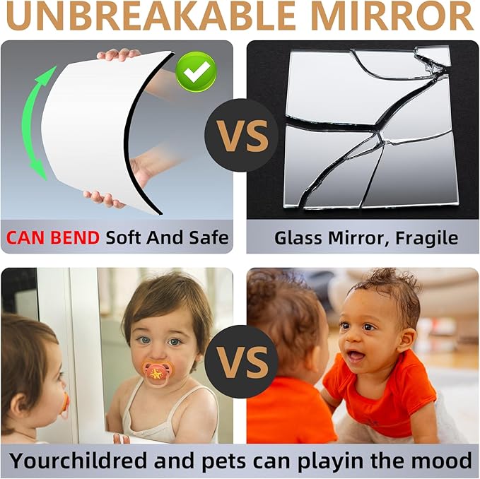 Stick on Small Mirror for Wall Decor, Plastic Non Glass Sticky Kids Safety Toddler Mirrors, 4 Pack 14”x12” Acrylic Mirror Tiles, Shatterproof Mirrors Sheet for Bedroom Closet,Gym Body Mirror's