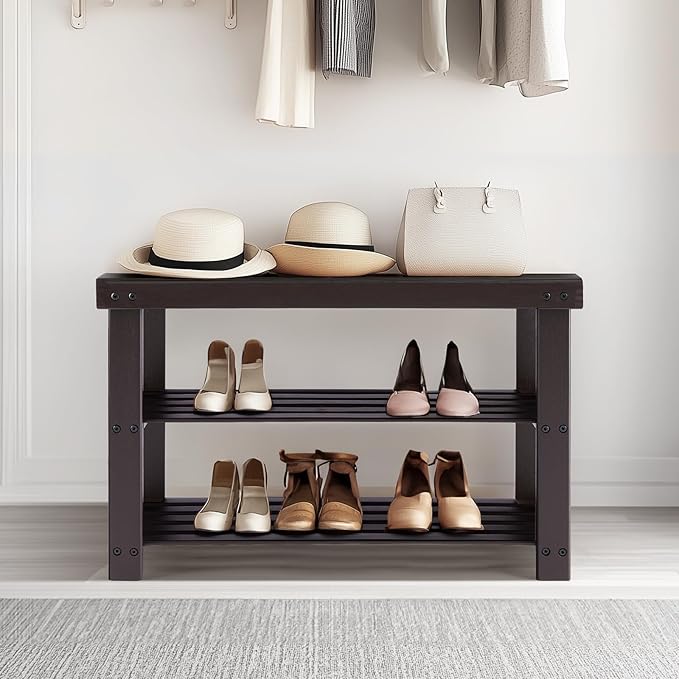 NEWBULIG Shoe Rack Bench, 3-Tier Bamboo Shoe Organizer, Wooden Entryway Storage Bench, 286 lb Load Capacity, 11.2x27.6x17.9 Inches, for Entryway Bathroom Bedroom Balcony, Brown