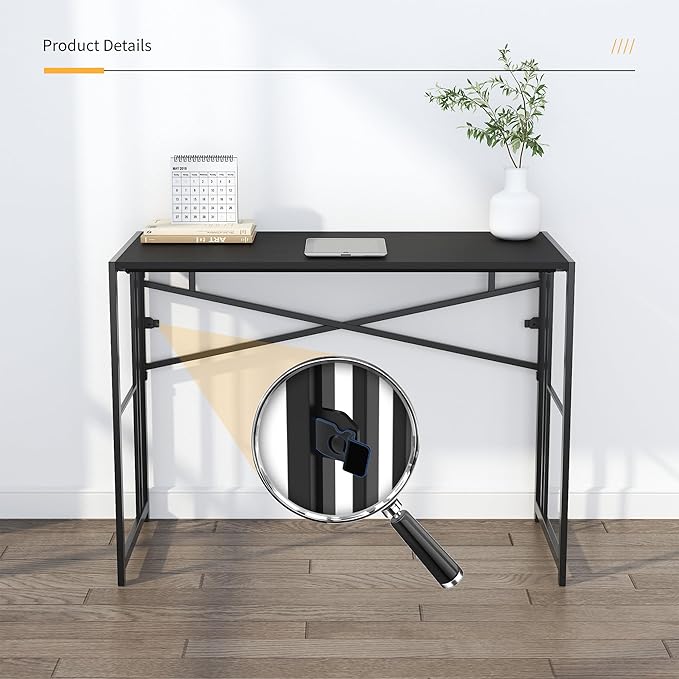 Lutown-Teen Folding Desk 40 inch Writing Gaming Computer Camping Desk, No Assembly Required Home Office Table, Black