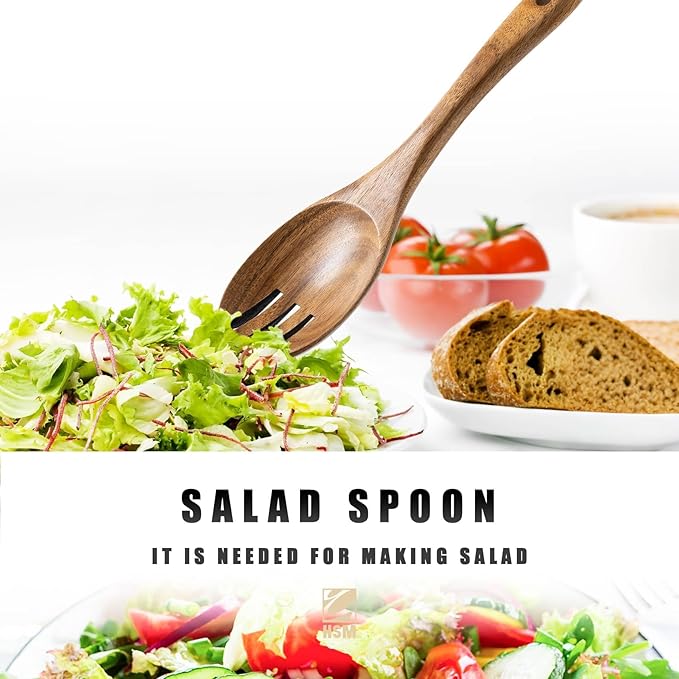 HSM Wooden Spoons for Cooking – 5-Piece Wooden Utensil Set, Non-Stick Safe, Easy-to-Clean Natural Acacia Wood Kitchen Utensils, Ideal for Cooking, Stirring, and Serving at Home