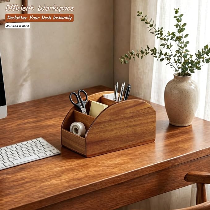 BIBELUN Large TV Remote Control Holder, Rustic Wood Nightstand Remote Caddy with 5 Compartments, Entryway Table Storage Box Organizer for Phones, Controllers, Media Player, Office Supplies, Home Décor