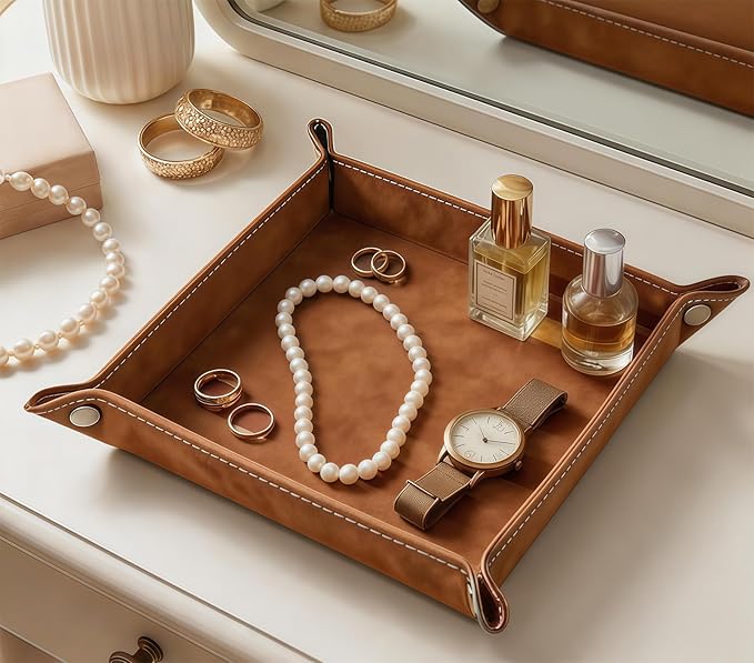 Valet Tray Desktop Storage Organizer – Vegan Leather Catchall Bedside Vanity Tray Nightstand Caddy Holder for Remote Controller, Watch, Keys, Phone, Wallet, Coin, Jewelry, Stone Khaki