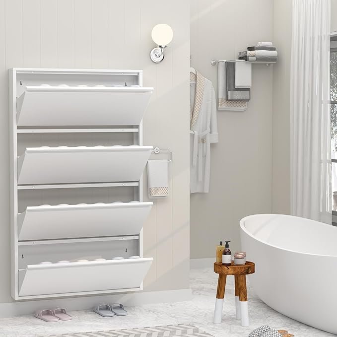 GREATMEET Slim Wall Mounted Shoe Cabinet, 6 Inch Narrow White Hidden Metal Shoe Storage with 4 Flip Drawers, Tall 57 Inch Steel Space Saving Organizer Rack for Entryway Hallway Small Spaces