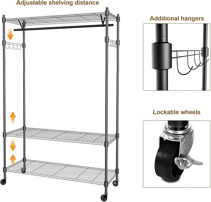 BATHWA Heavy Duty Clothing Racks,47.3"W x 17.7"D x 74.8"H Wide Hanging Space 3 Adjustable Shelving Garment Rack on Wheels Portable Wardrobe for Dress Coat Clothes Organizer Sturdy Metal Construction