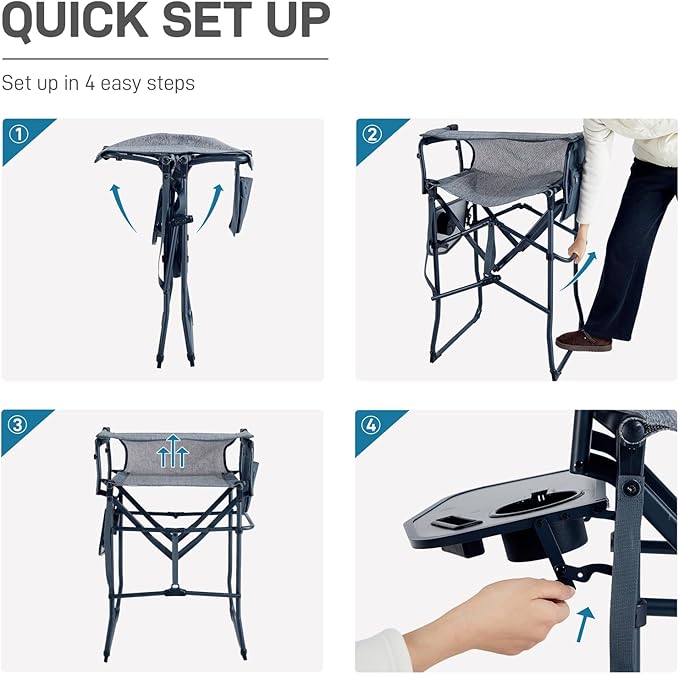 EVER ADVANCED Portable 30.7" Seat Height Tall Folding Camping Chair Directors Chair High Foldable Bar Stool with Side Table for Makeup Artist, Sports Event, Craft Show, Stretch Mesh, Supports 350LBS