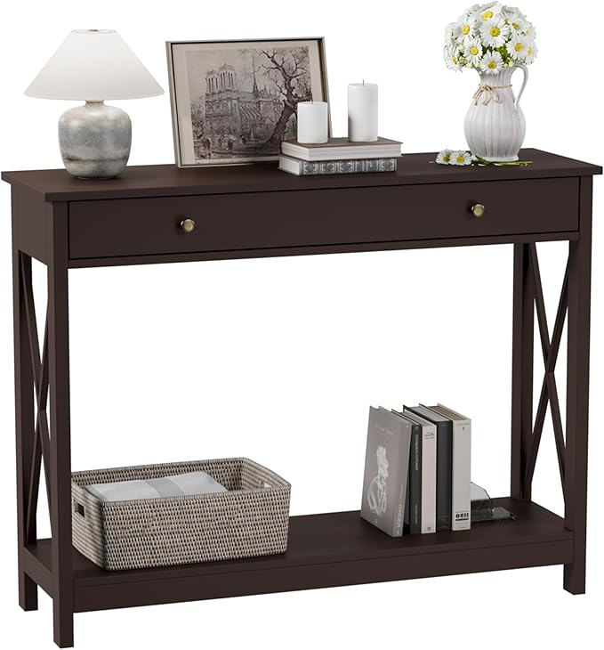 Treocho Espresso Console Table with Drawer and Storage Shelves, Foyer Sofa Table Narrow for Entryway, Living Room, Hallway