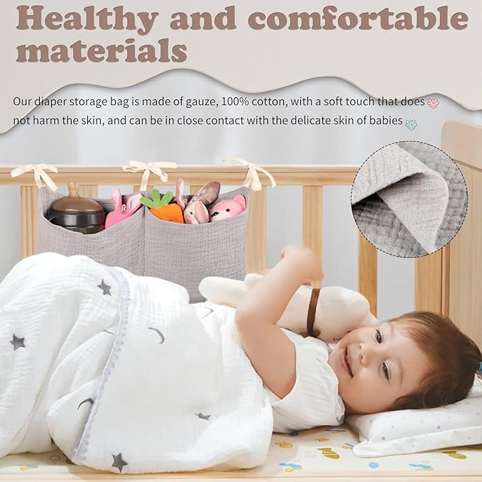 Dormitory Bed-Bunk Organizing Bag Nappy-bags Organizer Bedside Hanging Bags Milk Bottle Bib-Storage Bag Crib Organizer Bag Baby Nappy-Bag cotton (Light grey)