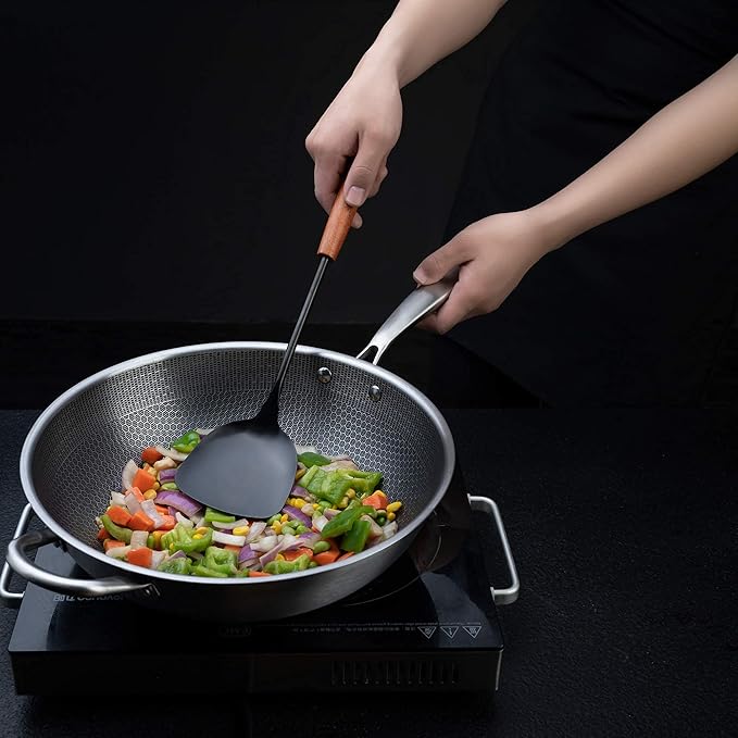 FJNATINH 17inch Wok Spatula and Ladle, Skimmer Spoon, Slotted Turner Spatula Set 304 Stainless Steel Kitchen Utensils Sets, 4-Pieces Cooking Utensils Tools Wok Accessories
