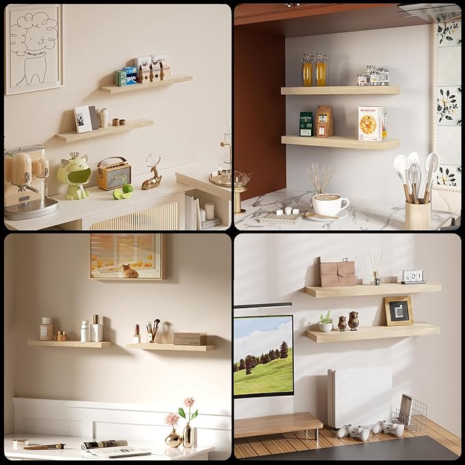 Oak Floating Shelves for Bathroom & Living Room Decor, 24 Inch Rustic Wood Wall Mounted Shelves for Plants, Books, Towels & Storage Display, Set of 2