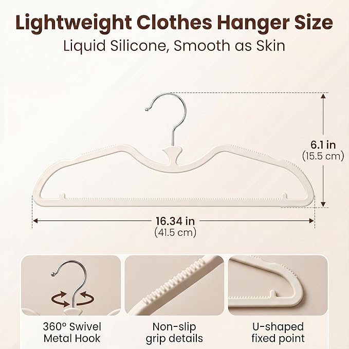 20 Pack Short Neck Hangers - Lifts Clothes 3" Higher to Prevent Dragging, Upgraded Liquid Silicone Non-Slip Hangers, Lint-Free Alternative to Velvet Hangers, Closet Organization, Cream