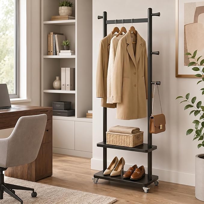 Taitiy Coat Rack Freestanding Clothing Rack with Wheels & 2 Shelves Storage & 5 Hooks Heavy Duty Clothes Rack Wood Coat Tree Stand Hat Hanger Rack for Corner Bedroom Entryway Living Room Hotel Size L