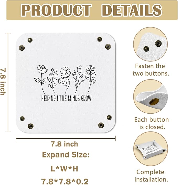 Teacher Appreciation Gifts for Women Men, Teacher Gifts PU Leather Catchall Beside Caddy Nightstand Organizer Tray for Jewelry Rings Watches and Accessories, 7.87x7.87in