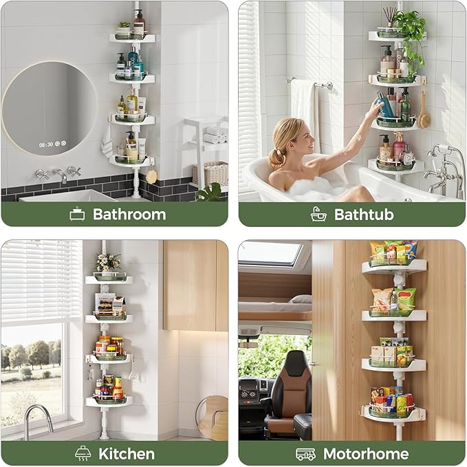 akinbas Shower Caddy Tension Pole with 4 L-Lazy Susan Organizer 360 Rotating 35-128 Inch No Drilling Floor Standing Shelves Adjustable Shower Rack for Bathroom Corner (White+Green)