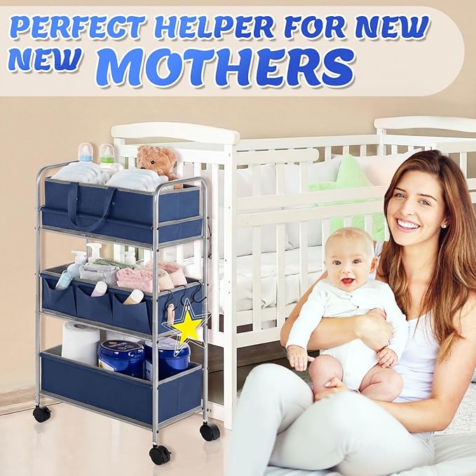 Honeydak 2in1 Baby Diaper Caddy Organizer Cart 3 Tier Large Capacity Metal Utility Bedside Rolling Cart with Divider Newborn Registry Nursery Essential Must Have Crib Bedroom Baby Shower(Gray, Blue)