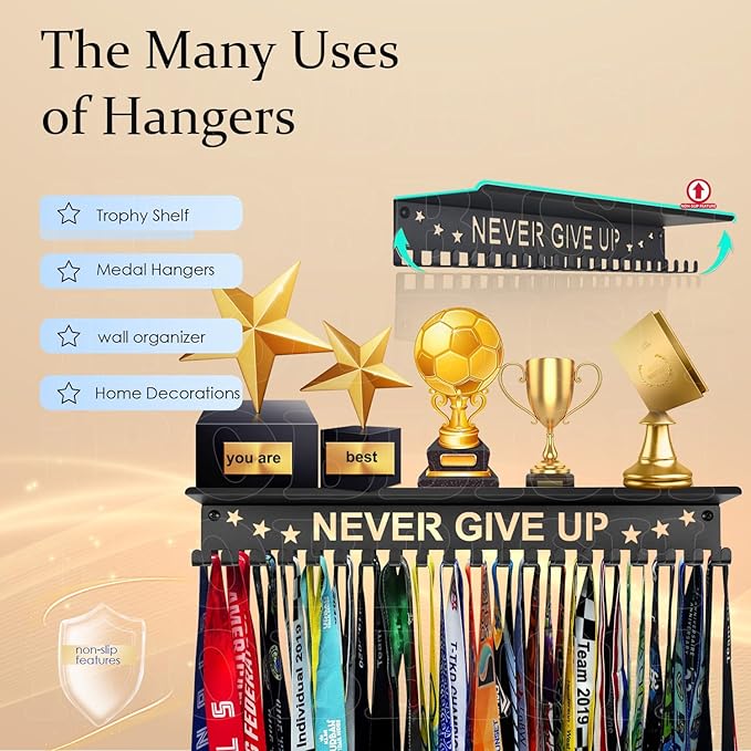 iBobbish Metal Medal Hanger Display,Non-Slip Trophy Shelf with 20 Hooks,Wall Mount,Heavy Duty,Non-Bent,Holds 22-33lbs,for Gymnastics,Race,Soccer,Swim