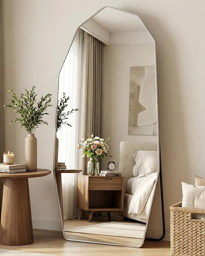 Antok Full Length Mirror, 71"x32" Floor Mirror, Free Standing Wall Mounted or Leaning Full Body Mirror with Aluminum Alloy Frame, Diamond Irregular for Bedroom Entryway Cloakroom, Silver