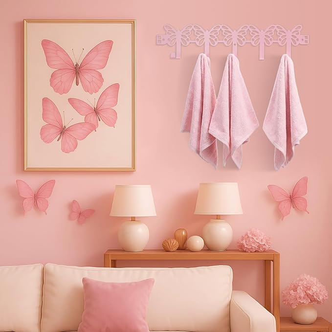 AceOrbit Pink Butterfly Over The Door Hooks Wall Mount Towel Hanger Cute Door Holder Rack with 5 Hooks Hanging Towel, Coat Keys, Bags, Hats, Clothes for Bedroom Bathroom Kitchen Dorm Room Organizer