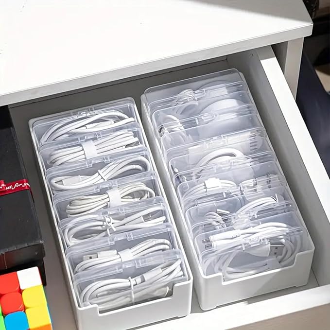 Cable Organizer Storage Box with 7 Wire Ties and Label Stickers,Desktop Cable Management Box with Switch, Power Cord Organizer for Office,Home,Desk Accessories Storage Stationery Supplies(Clear)