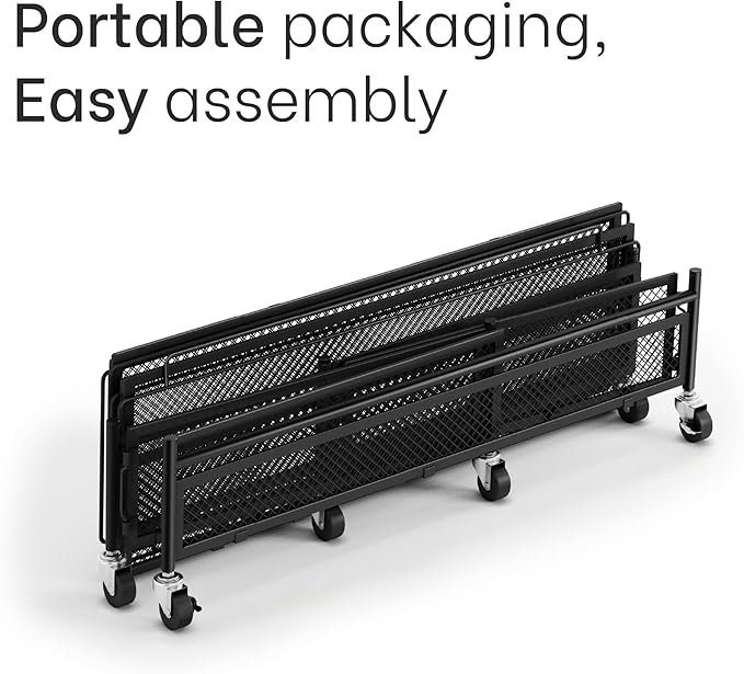 Under Bed Storage with Wheels – Heavy Duty Large Metal Storage Container (70lb load), Low Profile Rolling Organizer with Removable Rubber Wheels, Easy Access for Clothes, Shoes & Blankets