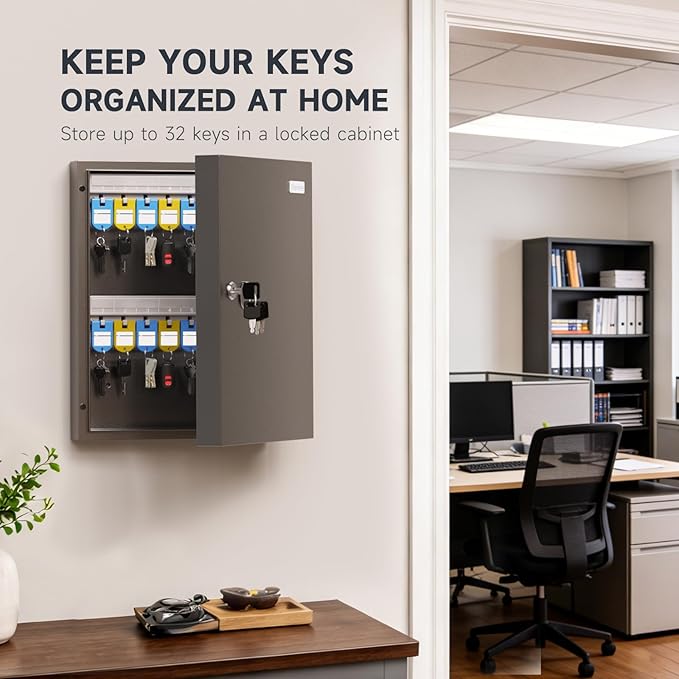 32-Keys Key Lock Box Key Management App (Track Key Borrow/Return), Wall Mount Key Cabinet, Security Key Holder Lockbox for Home, Garage, Car Key Storage for School, Small Office, Hotels