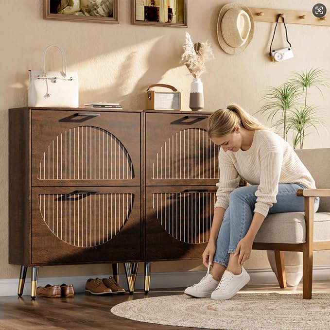 Farmhouse Shoe Cabinet Storage for Entryway, Slim Shoe Rack Cabinet with 4 Flip Drawers, Narrow Shoe Organizer Cabinet with Stylish Round Panel, Metal Leg and Handle
