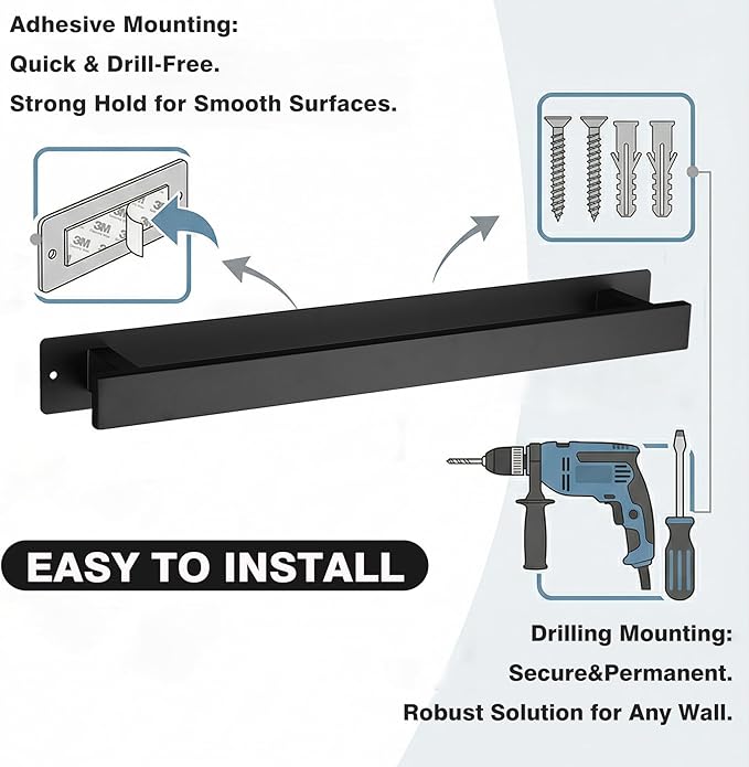 Bathroom Towel Bars,16-Inch Stainless Steel Towel Bar for Large Towel,Strong Self-Adhesive/Screws Wall Mounting,Rust-Proof,Towel Holder for Bathroom and Kitchen Storage (Black)