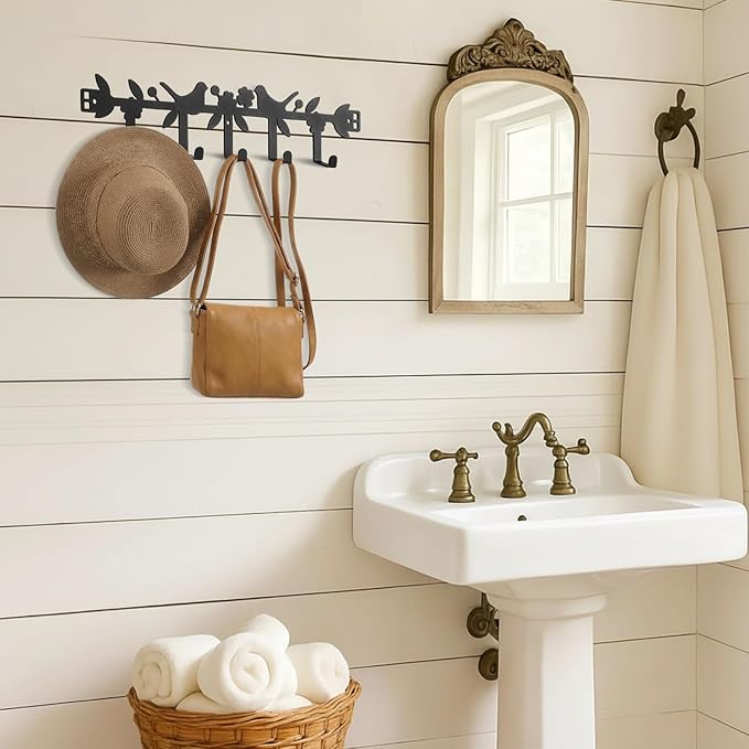 AceOrbit Birds in a Tree Over The Door Hooks Black Metal Wall Mount Towel Hanger Farmhouse Rustic Door Holder Rack with 5 Hooks for Bedroom Bathroom Hanging Towel, Coat, Keys, Bags, Hats, Clothes