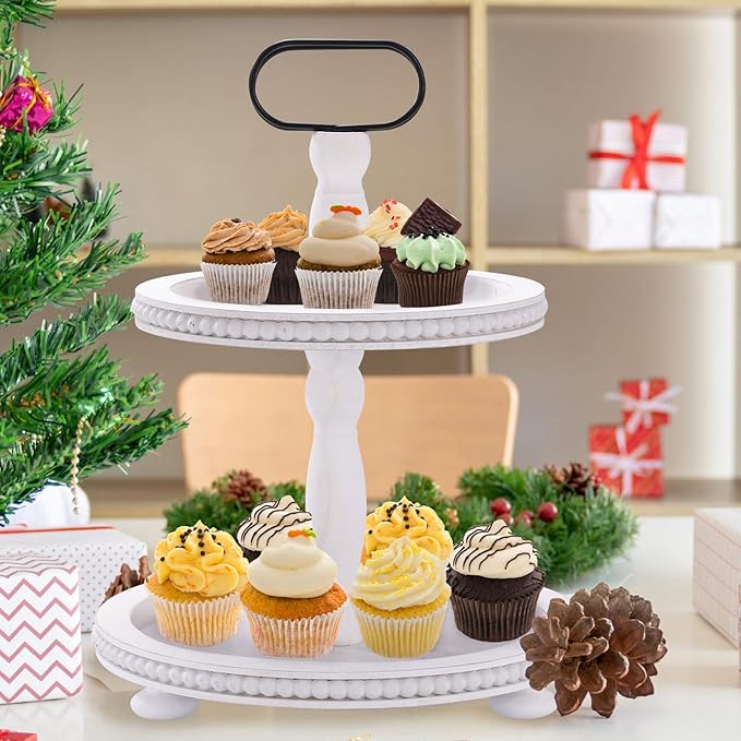 Urban Deco Wooden Decorative Tray Two Tiered Trays Decorations Round Serving Tray with Metal Handle, Wooden Cupcake Stand for Party Tiered Dessert Stand - Retro White Farmhouse Wood Tray