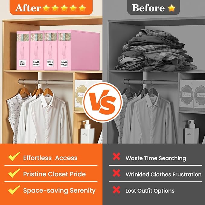 WOWBOX Sheet Organizers and Storage,Closet Bed Sheet Organizer Under Bed Storage and Organization with Label Cards & Clear Window for Bedding Sheets,Duvet Covers,Blankets (10 Pack,Pink)
