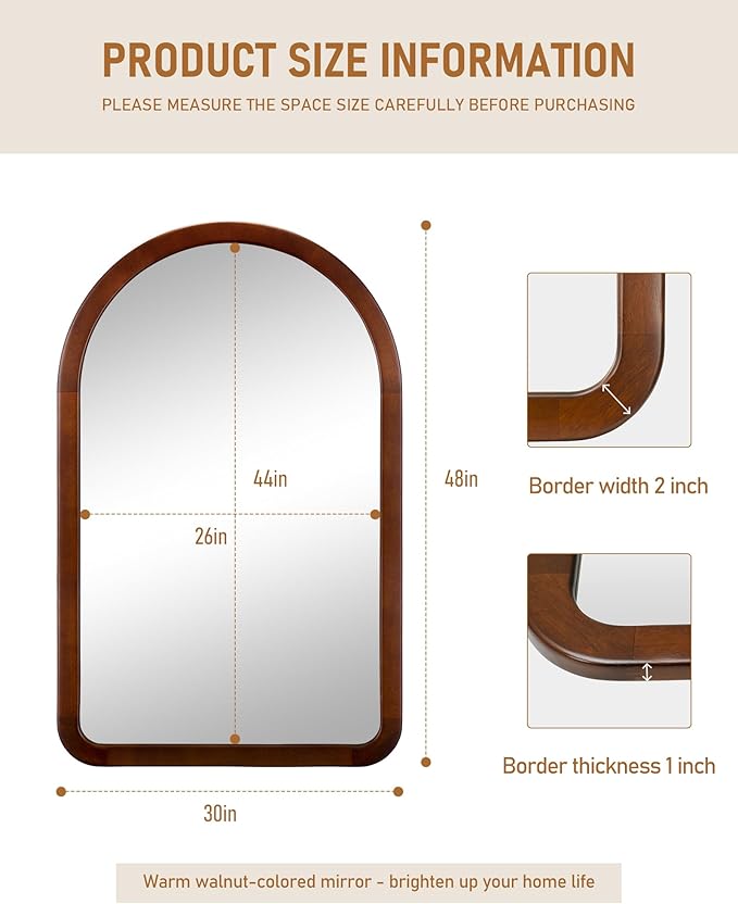 Arched Mirror 30 x 48 Inch,Walnut Brown Wood Rustic Bathroom Tempered Wall Mirror with Wood Frame,Round Corner Arch Farmhouse Wooden Vanity Mirror for Living Room,Entryway or Bedroom