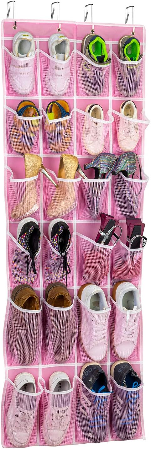 SAVERHO Hanging Shoe Organizer, Over The Door Shoe Organizer with 24 Breathable Mesh Pockets for Men Women Kids Hanging Shoe Storage Rack Organizer Size:58x21 Inch๏ผPink๏ผ