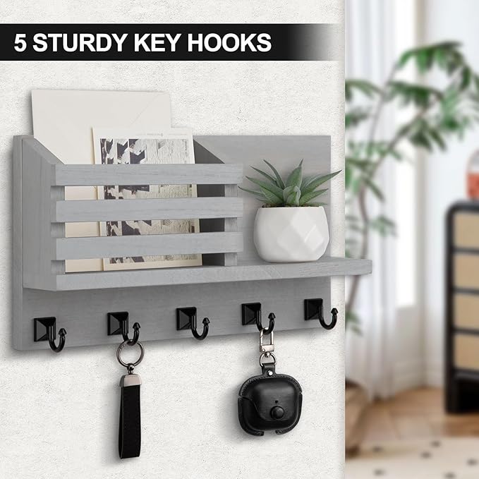 Key Holder Wall Mount, Mail Organizer for Wall with 5 Square Rustic Key Hooks Key Shelf Farmhouse Home Decor for Entryway