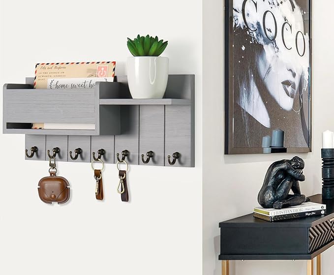 RelaxScene Key Holder Wall Mount - Decorative Key Rack and Mail Organizer with 7 Key Hooks - Wooden Key Hanger with Shelf for Living Room Decor - Rustic Farmhouse Home Entryway Aesthetic Essentials