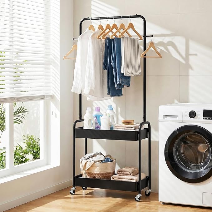 LDAILY Small Rolling Clothes Rack, Heavy Duty Clothing Rack with 2 Baskets, 4 Wheels for Hanging Clothes & Storage, Multi-Purpose Portable Closet for Bedroom, Living Room, Laundry, Small Space (Black)