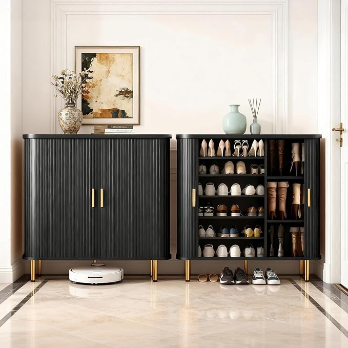 DHH Shoe Storage Cabinet with Sliding Door, 6-Tier Shoe Cabinet with Adjustable Shelves, Mid Century Modern Freestanding Shoe Storage Organizer for Entryway, Hallway, Living Room (Black, 47 ")
