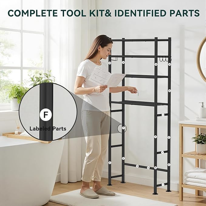 GloTika 4-Tier Over The Toilet Storage, 200lb Total Capacity Metal Bathroom Organizer with 36" Clearance, Includes Paper Holder & 4 Hooks, Space Saving Rack for Bathroom Laundry Room (64" H, Black)