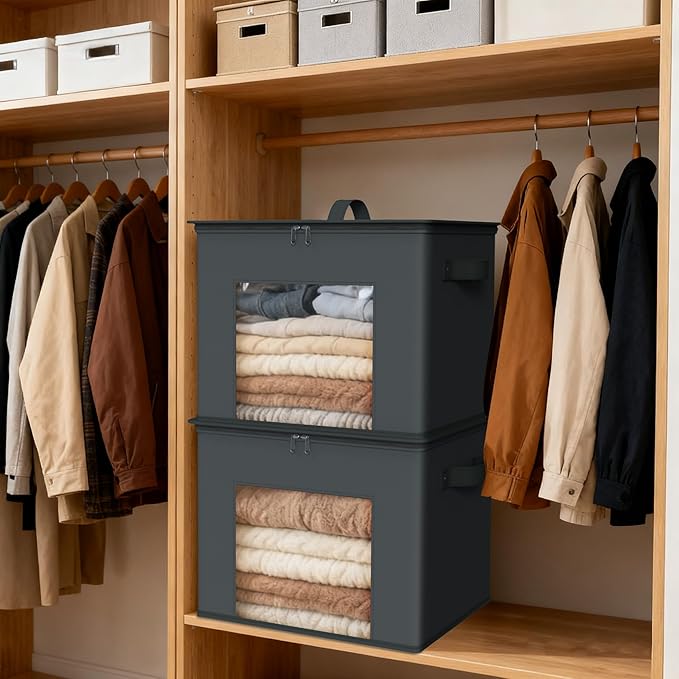 Zilink Fabric Organizer Bins with Lids 4-Pack Collapsible Stackable Storage Bins with Zipper & Clear Window Closet Organizer Storage Bins for Home, Office, Bedroom (Dark Grey,17" x 12" x 12")