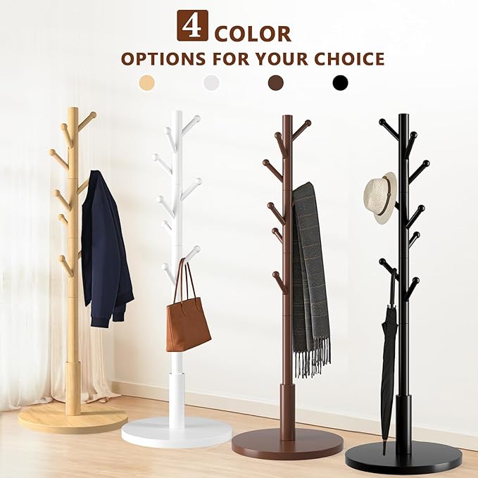 Coat Rack Freestanding Wooden Coat Tree Stand with 8 Round-tip Hooks, 3 Adjustable heights Coat Hat Rack for Entryway,Bedroom,Hallway,Office (White)
