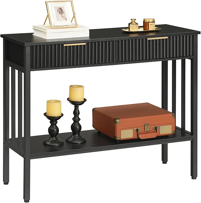 MAHANCRIS Console Table with 2 Drawers, Narrow Long Entry Table with Storage Shelf, 2-Tier Fluted Entryway Table with 2 Drawers, for Entryway, Living Room, Foyer, Hallway, Office, Black CTHB5101