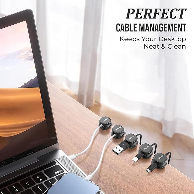 Never-Lose 1s Lock Spring Cable Solution โ Rotatable Cable Clips, Strong Adhesive Cord Organizer & Wire Holder for Desk, Car & Nightstand, Secure Cable Management, 8 Pack (Black)
