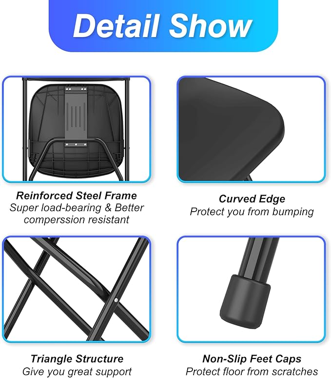 Allpop 4 Pack Plastic Folding Chair, 300lb Capacity, Portable Commercial Chair Seat with Steel Frame for Office Wedding Party Indoor Outdoor Events, Stackable, Black