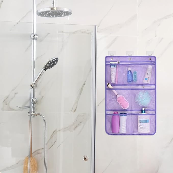 F-color Cruise Essentials 2026 - Mesh Shower Organizer Hanging with 7 Pockets for RV Gym Camping, Quick-Dry Portable Toiletry Bag with Metal Hooks for Bathroom Travel Toiletries, Purple